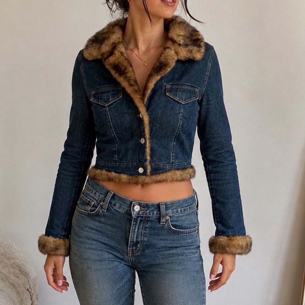 Y2K Vintage Denim Jacket Faux Fur Trim Dark Wash boho indie 2000s indie sleaze